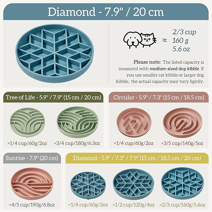 OHMO Slow Feeder Dog Bowls (Diamond, 8" Coral) Enrichment Toy Soft Silicone Food Safe Feeding Bowl Non Slip Suction Cup for All Breed Pet, Cat Slow Down Eating Dishes, Boredom and Anxiety Reducer