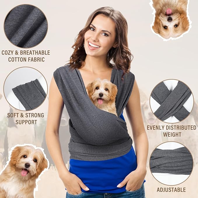 Cat Sling Carriers, Front Facing Dog Sling, Cat Wrap Carrier Chest, Hands Free, Size Adjustable, Soft Cotton, Swaddle Bag for Outdoor(Grey)