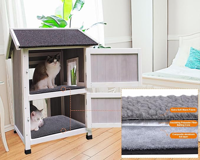 Rockever Outdoor Cat House, Large Outdoor Houses for Feral Cats with Self-Warming Mat Wooden Outside Cat Shelter Weatherproof with Escape Door