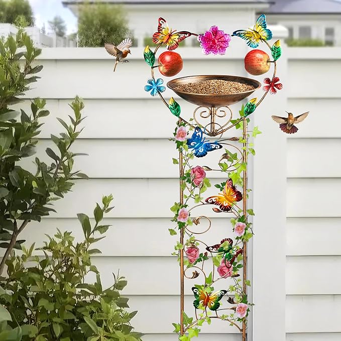 44" Height Bird Bath with Trellis for Climbing Plants Outside,Metal Antique Butterfly Heart Garden Plant Trellis with Detachable Bird Bath Bowl & Fruits Plants Support,Garden Patio Decor