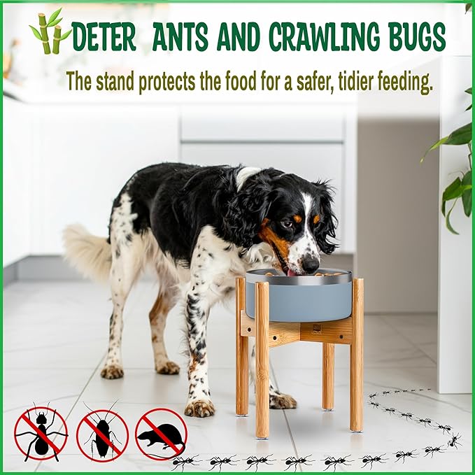 Dog Bowl Stand for Large Dogs - Use to Elevate, Raise Dog Food and Water, Deter Ants/Bugs - Expandable Sideways, Fits Various Sizes of Slow Feeders, Dishes and Drink Fountains - Bamboo