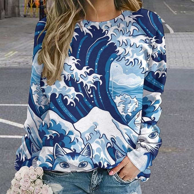 Womens Long Sleeve Tops Y2k Japanese Art Print Sweatshirts Fall Pullover for Women Crewneck Vintage Shirts Boho Tops