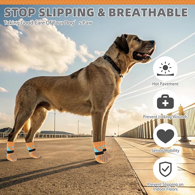 KOOLTAIL Dog Socks for Hot Pavement, Summer Breathable Dog Socks to Prevent Licking Paws, Non Slip Pet Boots&Paw Protectors for Hardwood Floor,Grippy Shoes for Small Medium Large Senior Dogs,Orange L