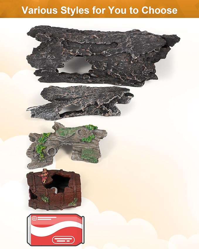 TRUVIC Fish Tank Decorations - Aquarium Cave Decor, Resin Hollow Tree Trunk Reptile Hide & Betta Log Hideout for 20 Gallon Tank, Fish Accessories Shelter Cave