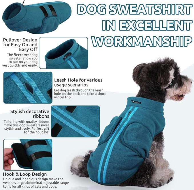 Queenmore XXS Dog Sweaters, Soft Fleece Vest Pullover Dog Jacket with Leash Hole, Warm Winter Dog Clothes Cold Weather Doggy Dachshund Sweater for Small Dogs Cats Boy or Girl (Peacock-Blue, XXS)