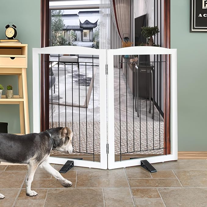 ZJSF Freestanding Dog Fence Indoor, Foldable Dog Gate for Doorways, Stairs or Hallways, Sturdy Wood Extra Wide Pet Gate with Support Feet for The House, White, 32 "Height-2 Panels