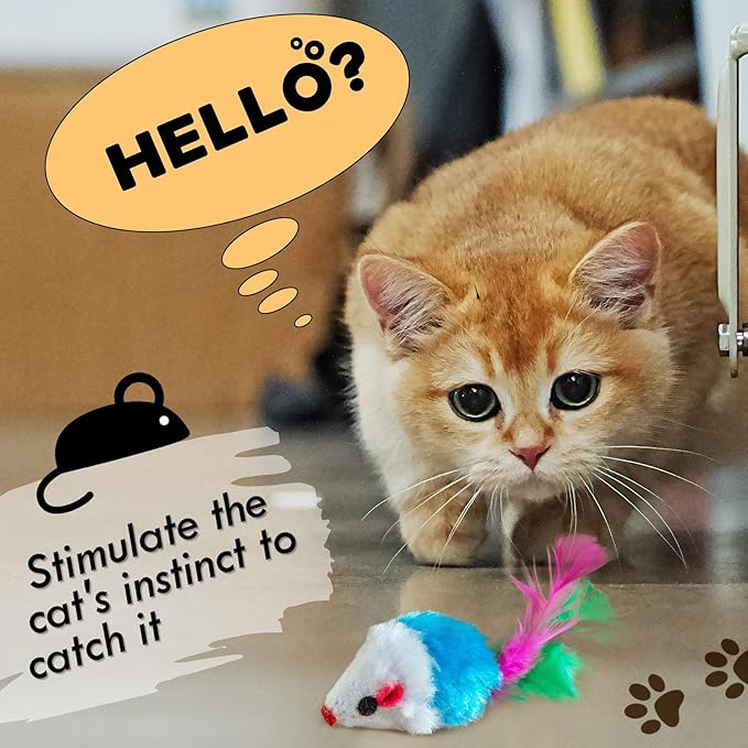 60 PCS Furry Cat Toys Squeak Mouse Rattle Mice Cat Catcher Pet Toys with Feather Tails (Random Color)