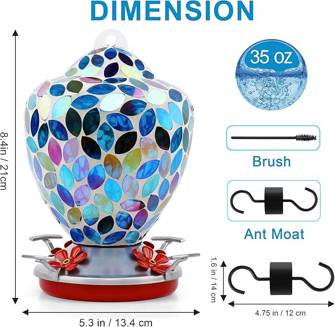 VOREEN Glass Mosaic Hummingbird Feeders, Handmade 34OZ with Ant Moat & 4 Feeding Ports, Glass Outdoor Hanging Bird Feeder, Porch Garden Backyard Decor, Gift for Mom Wife Friend, Blue Leaves Design