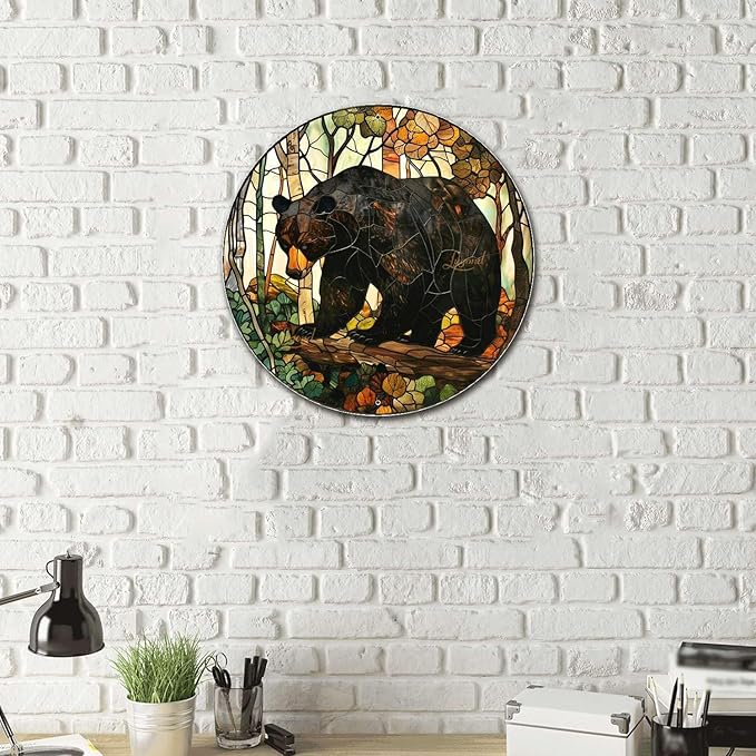 Lygond Metal Sign Tin Sign Circular Stained Glass American Black Bear Funny Outdoor Decor for Gift 12×12 Inches