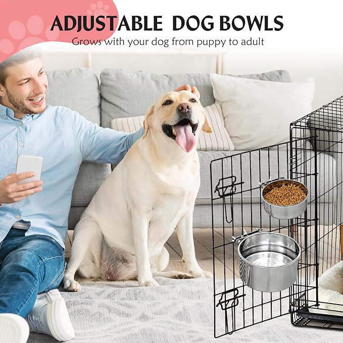 Large 2 Packs Hanging Water Bowls for Dog Crate Stainless Steel Kennel Water Bowl No Spill Adjustable Dog Water Dish for Medium Large Dogs Huge Pets (7.1 * 4.3”& 6.3 * 2.3”)