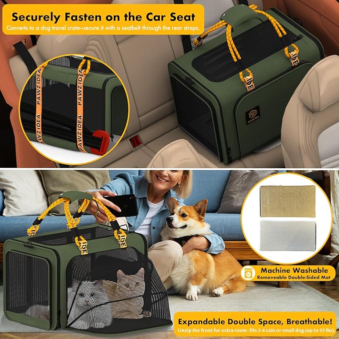 PAWZIDEA Expandable Large Pet Carrier with Wheels, 24x16x16 in Rolling Cat Carrier for 2–4 Cats up 55lb, Soft-Sided Collapsible Small Medium Dog Crate for Car Travel, Telescopic Handle, Storage Pocket