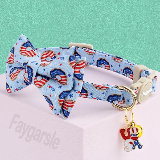 Faygarsle 2 Pack Patriotic Cat Collar Set with Bandana and Bow Tie, USA Flag Donuts Pattern, Light Blue