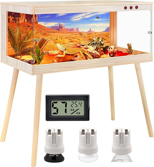 Royxen Tempered Glass Bearded Dragon Tank,81 Gallon Reptile Tank with Leg Stand,Built-in Lighting Reptile Enclosure Scartch-Proof Bearded Dragon Encloure for Chameleon,Snake,Lizard(Oak,48"x 20"x 20")