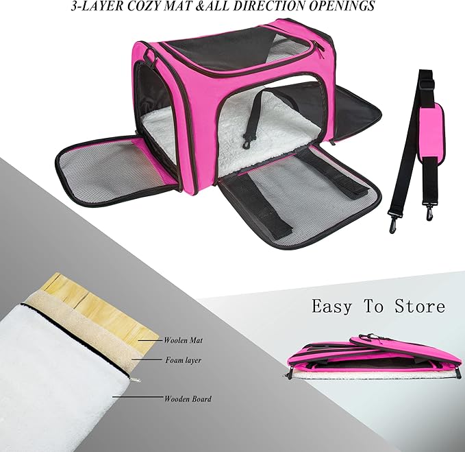 Soft Sided Carrier for Small Medium Cats Dogs,Removable Pad Collapsible Travel Pet Carrier Large Magenta