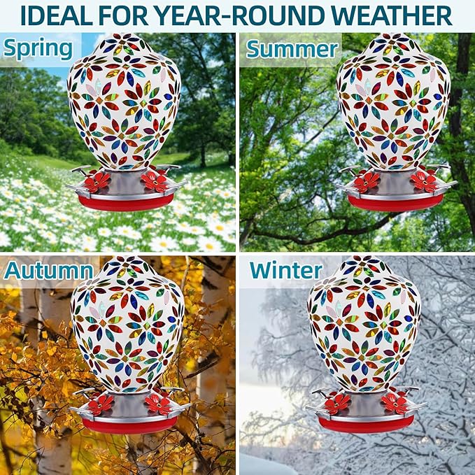 VOREEN Glass Mosaic Hummingbird Feeders, 35OZ with Ant Moat & 4 Feeding Ports, Hand Blown Glass Outdoor Hanging Porch Garden Backyard Decor, Gift for Mom Wife Friend, Flowers Design