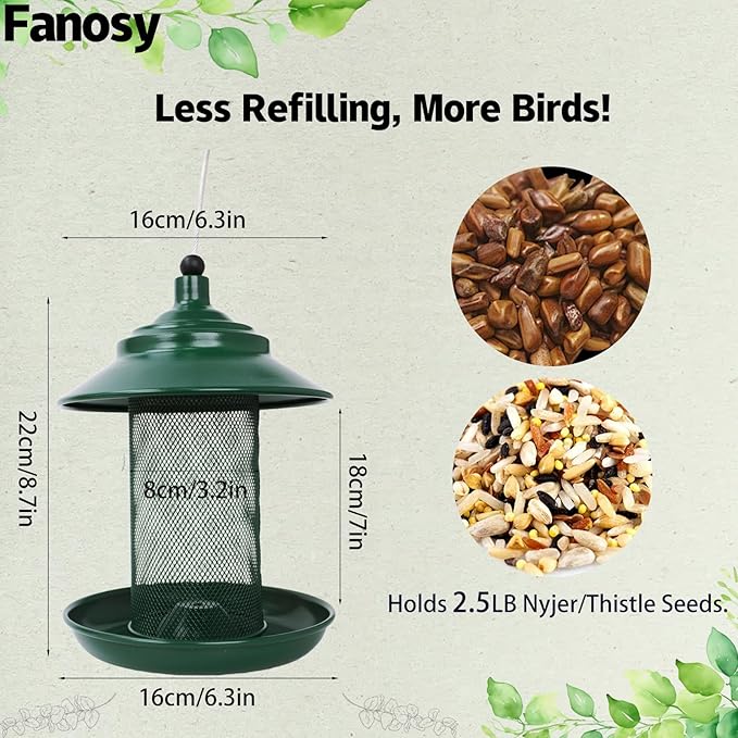 Finch Feeder - All-Metal Squirrel Proof Thistle Nyjer Seed Bird Feeder for Outdoors, 2.5LB Capacity, Powder-Coated Rust Resistant Mesh Design for Goldfinches & Small Birds Green
