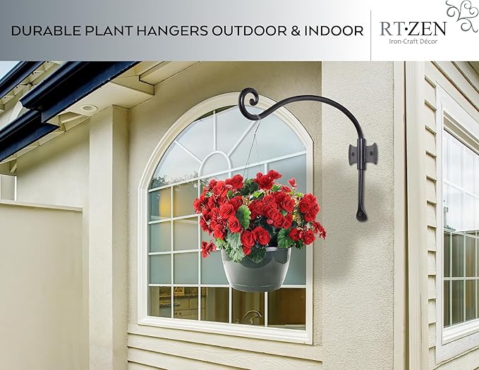 RTZEN Plant Hangers Outdoor or Indoor - Wrought Iron Metal Hanger Indoor Hook - Heavy Duty Wall Bracket Hooks for Hanging Plants Baskets Lanterns Wind Chimes - 2 Pack (Black Axe-Shape Hooks)