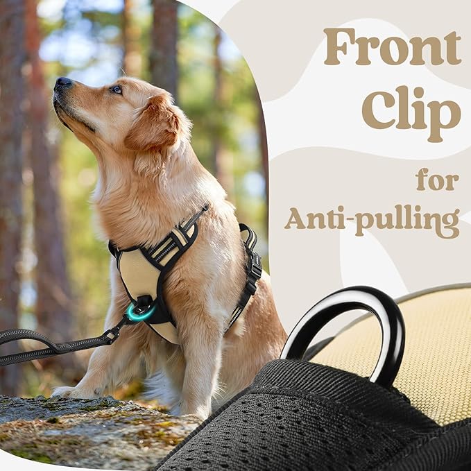 rabbitgoo Dog Harness for Large, No Pull Pet Harness with 3 Buckles, Adjustable Soft Padded Vest with Control Handle, Walking Reflective Pet Vest for Large Dogs, Beige, L
