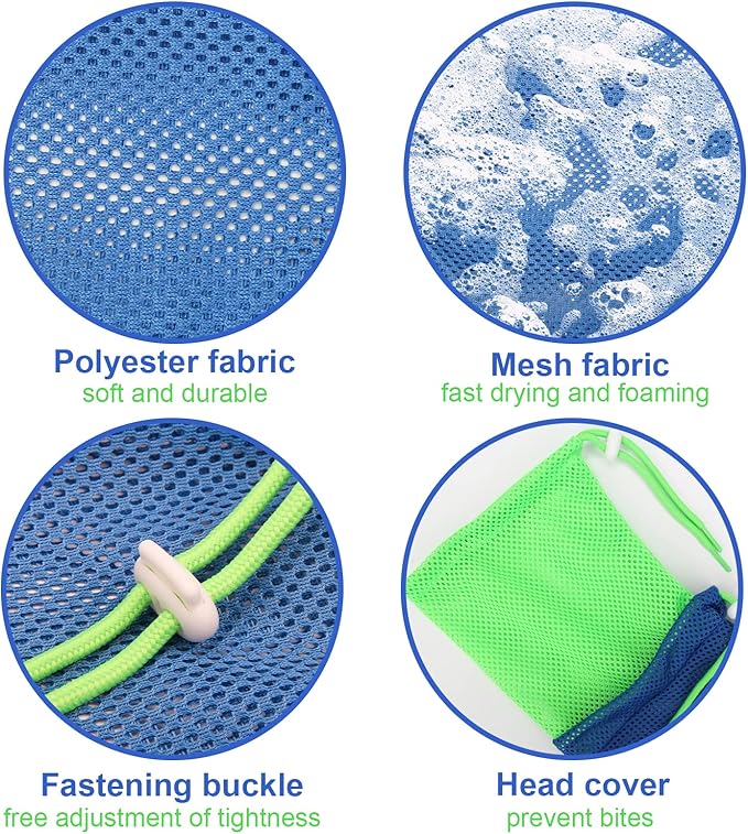Breathable Mesh Shower Bag - Anti Scratch Adjustable Grooming for Nail Trimming, Bathing - Polyester Soft Cat Washing (Blue-Green)