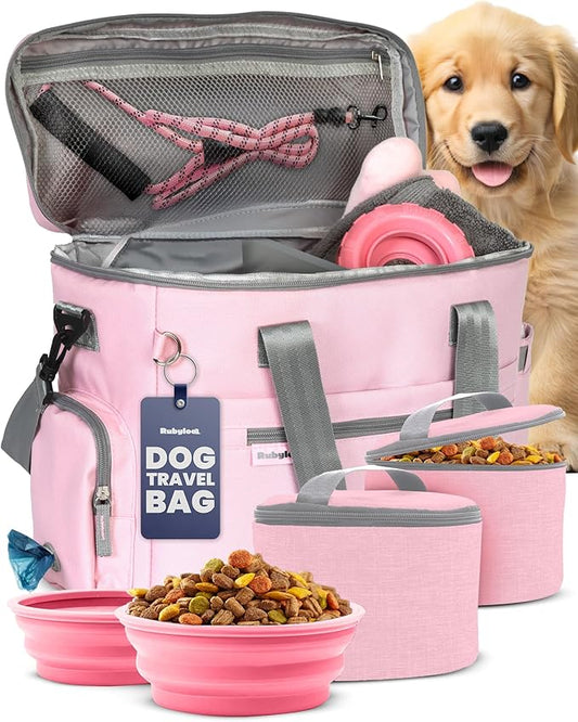 The Original Doggy Bag™- Dog Travel Bag for Supplies - Ultimate Gift for Dog Moms & Dads, Doggy Lovers & Pet Owners for Christmas- Includes 2 BPA-Free Travel Bowls and 2 Food Containers: Lt. Pink