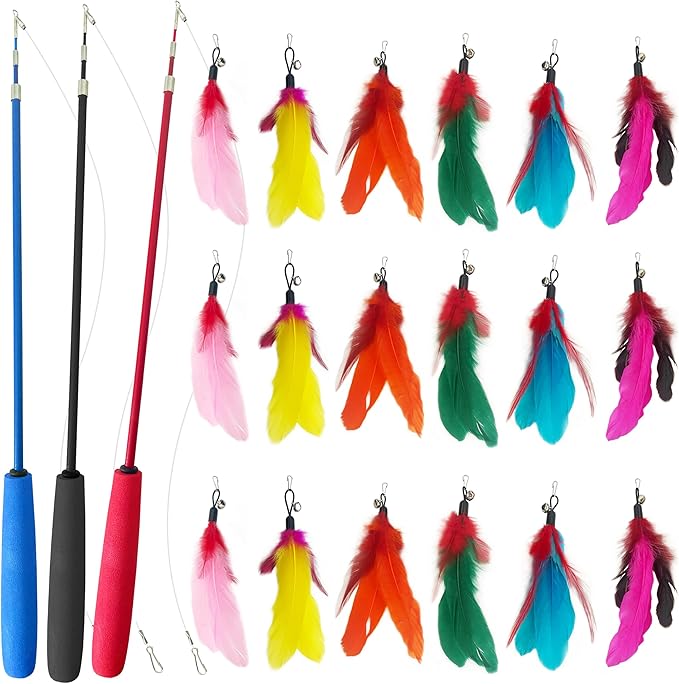 Retractable Cat Teaser Wand, 3 PCS Fishing Pole Cat Toys with 18 Feather Toy Refills, Interactive Cat Toys for Indoor Cats Play & Exercise