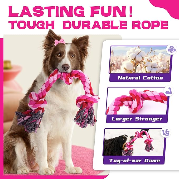 Zeaxuie 12 Pack Heavy Duty Various Dog Chew Toys Pack for Aggressive Chewers - Includes Large Rope Toys, Squeaky Toys & Indestructible Chew Bone for Medium, Large & X-Large Female Dogs