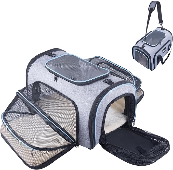 Siivton 4 Sides Expandable Pet Carrier, Airline Approved Soft-Sided Dog Cat Carrier Bag with Fleece Pad for Cats, Puppy and Small Animals (4 Extension Gray_Blue, L:18.0" L x 11.0" W x 11.0" H)