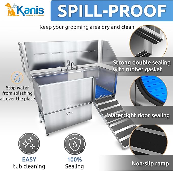 KANIS Professional Dog Washing Station - 304 Stainless Steel Pet Wash Sink & Grooming Bath Tub for Home with Ramp, Shower, Floor Grate, Storage Drawer, Faucet, Drain Kit for Large, Medium & Small Pets