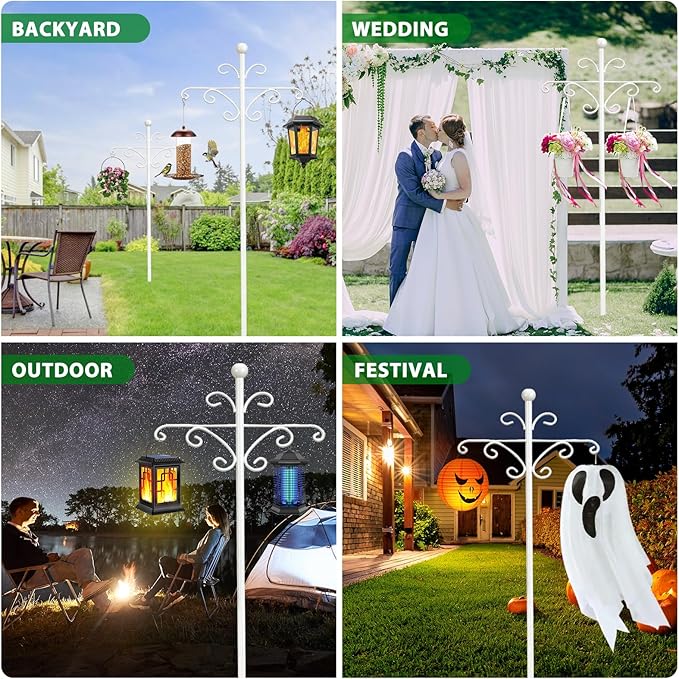 Bird Feeder Pole for Outdoors Heavy Duty Squirrel Proof, 2 Pack 63 Inch Adjustable Tall Shepherds Hooks for Outdoor with 7 Prongs Base, Double Shepherd Hooks (2 Pack White, 63 Inch)