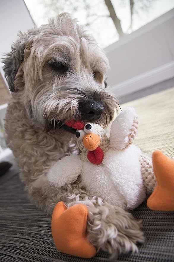 goDog Checkers Fat Rooster Squeaky Plush Dog Toy, Chew Guard Technology - White, Small