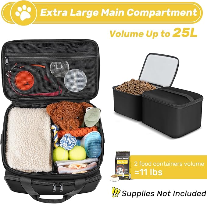6 Set Dog Travel Bag, Large Pet Supplies for Dogs, Includes 2 Collapsible Dog Bowls, 2 Food Containers, 1 Treat Pouch with Pet Travel Bag, Black