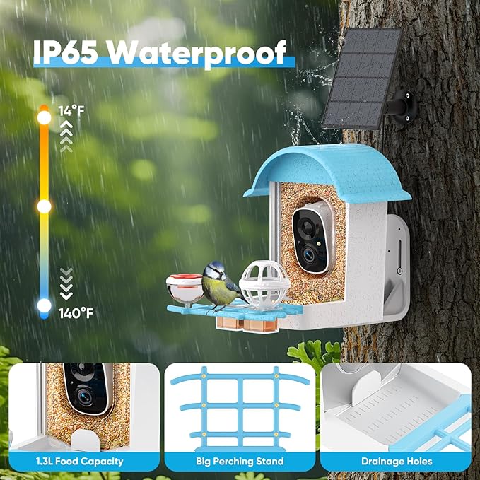 Smart Bird Feeder with Camera, Bird Feeders for Outdoors with Solar Panel, 2K HD Live View, AI Identify, Auto Capture, Instant Notifications, 2.4GHz, IP65 Waterproof, Ideal Gifts for BirdLovers, Blue