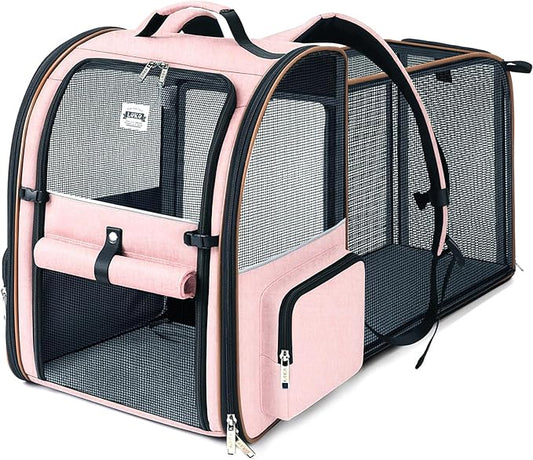Lekebobor Large Cat Backpack Carrier Expandable Foldable Pet Carrier Backpack for Small Dogs Puppy Medium Cats Fit Up to 18 Lbs for Travel, Hiking,Pink XL Size