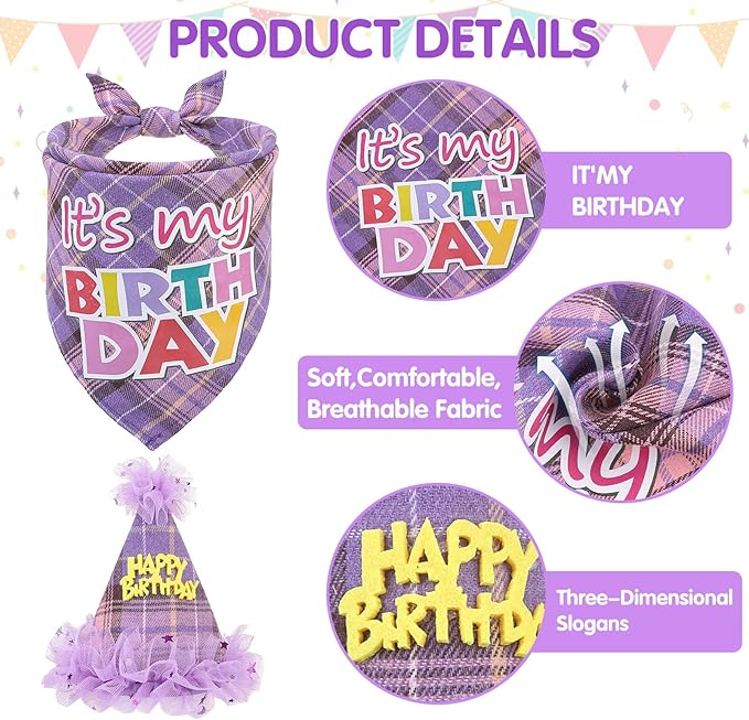 SCENEREAL Dog Birthday Bandana Hat with Dress Girl Set Party Supplies Plaid Puppy Birthday Outfit Cute Dog Tutus for Small Medium Lage Dogs, Purple Plaid