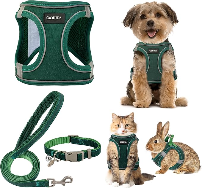 GAMUDA Small Pet Harness Collar and Leash Set, Step in No Chock No Pull Linen Fabric Soft Mesh Dog Vest Harnesses Reflective for Dogs Puppy Cats Kitten Rabbit (Green, XS)