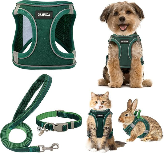 GAMUDA Small Pet Harness Collar and Leash Set, Step in No Chock No Pull Linen Fabric Soft Mesh Dog Vest Harnesses Reflective for Dogs Puppy Cats Kitten Rabbit (Green, XS)