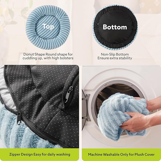 MIXJOY Dog Bed Medium Size Dogs, Washable Medium Dogs Bed with Removable Cover, Cozy Donut Dog Ded Fluffy Plush Faux Fur Pet Bed with Anti-Slip Bottom, 30"x30"x8", Blue