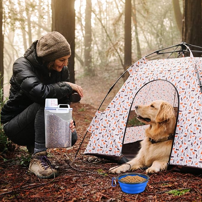 Rocutus Pet Food Storage Container,Portable Cat Dog Food Container With Measuring Cup,4 Seal Buckles Food Dispenser for Regular Food,Dogs, Cats, Birds (White Blue)