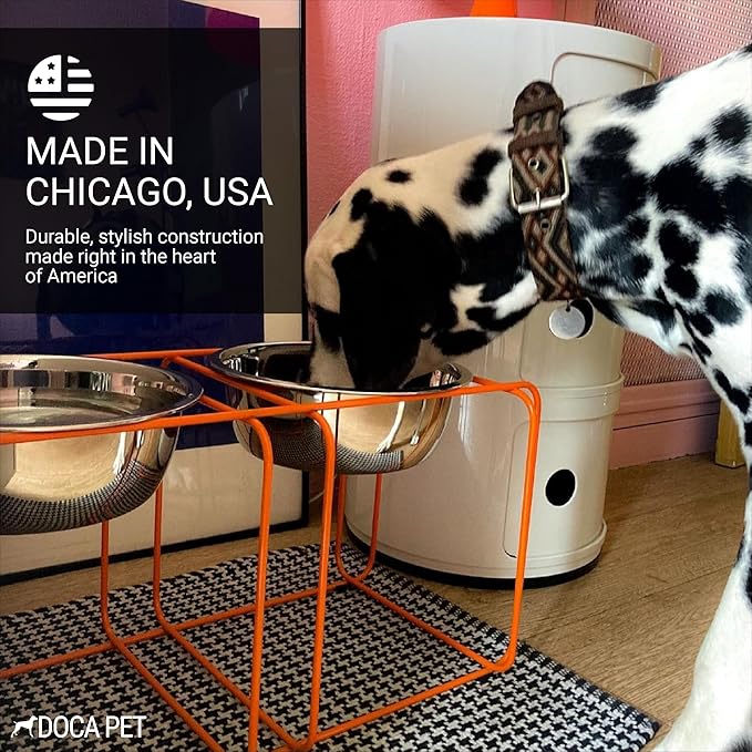 Wire & Dine Elevated Dog Bowls Stand for Medium & Large Sized Dogs - 2 Stainless Steel 8 Cup Dishes - Non-Skid, Modern Minimalist Design, Dishwasher Safe, Orange Frame Holder - Made in USA