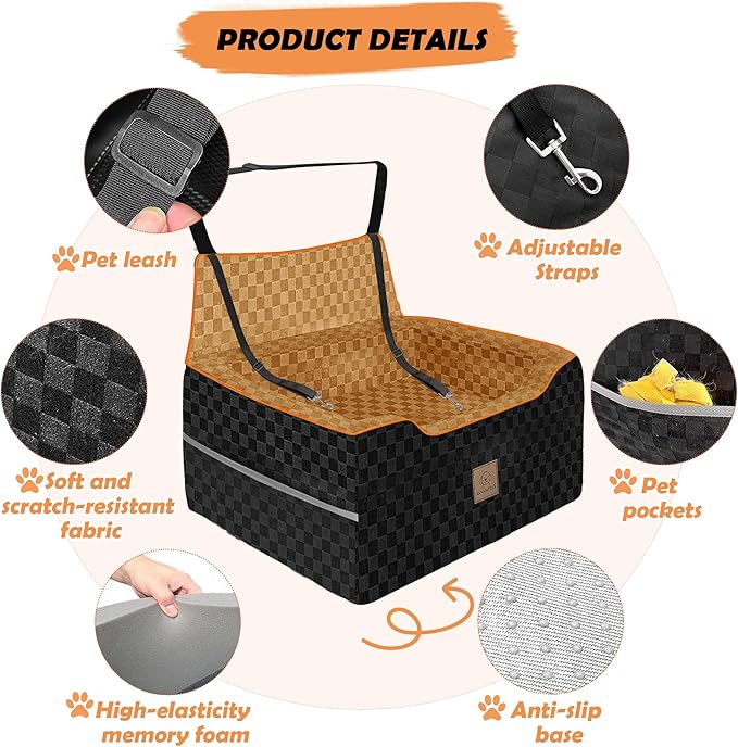 Large Dog Car Seat for Back Seat – Removable Dog Booster Seat & Washable Pet Car Seat for Medium & 2 Small Dogs up to 60lbs – Safety Straps & Storage Pocket – Travel & Home Use (Black/Brown)