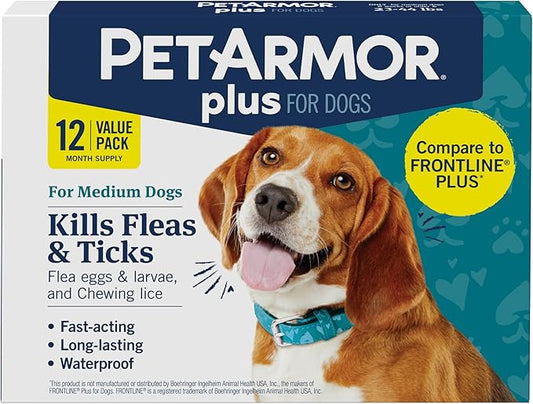PetArmor Plus Flea and Tick Prevention for Dogs, Dog Flea and Tick Treatment, 12 Doses, Waterproof Topical, Fast Acting, Medium Dogs (23-44 lbs)
