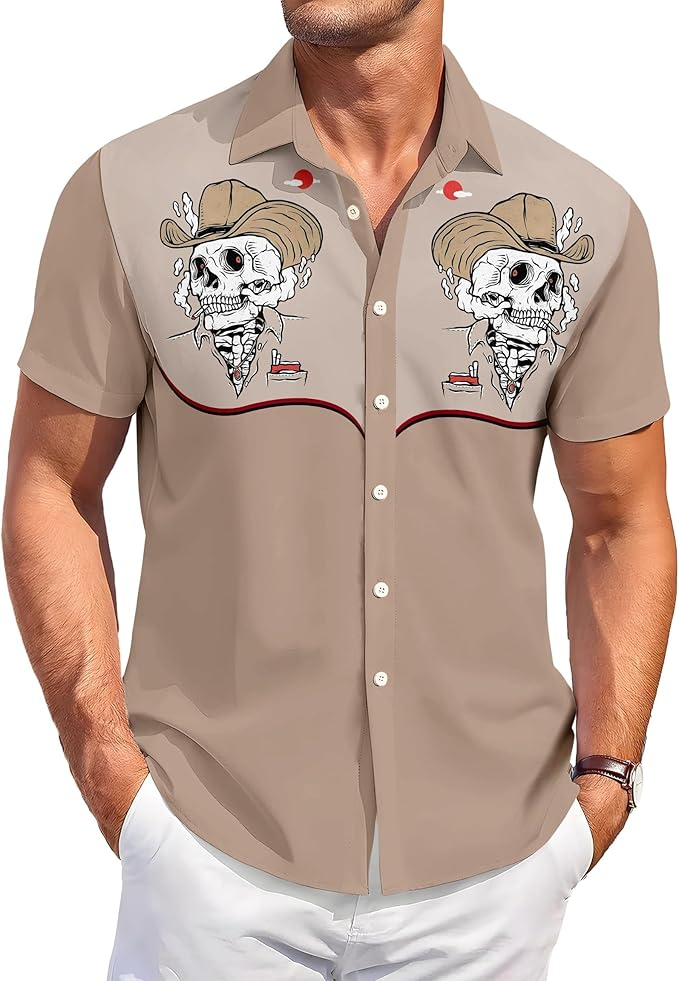 Men’s Hawaiian Shirt Western Cowboy Symmetrical Print Short Sleeve Button Down Casual Beach Holiday Summer Shirt