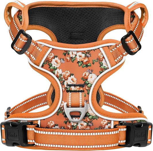 HEELE Dog Harness, No Pull Adjustable Padded Reflective Harness for Small Medium Large Dogs with Handle for Walking Training, Flower-Orange,XL
