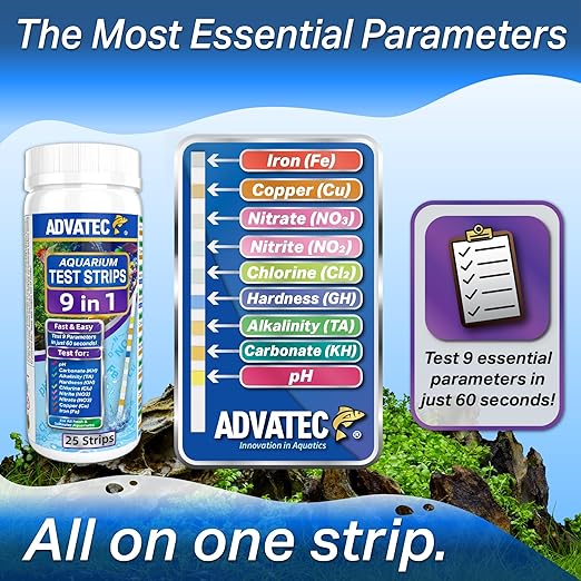 9 in 1 Aquarium Test Strips for Salt & Freshwater, Fish Tank Tester Kit for Iron, Copper, Carbonate, pH, Nitrate, Nitrite, Chlorine, Total Hardness & Alkalinity - 25 Count