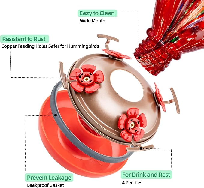 2 Packs Hummingbird Feeder for Outdoors Hanging Ant and Bee Proof, 34OZ Hand Blown Glass Hummingbird Feeders for Outside, Christmas Decoration Gifts for Mom (Blue & Red)