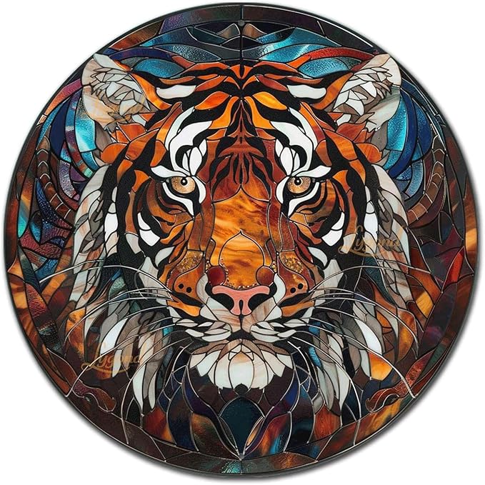 Lygond Metal Sign Tin Sign Circular Stained Glass Tigle Tin Signs Gardening for Yard 12×12 Inches