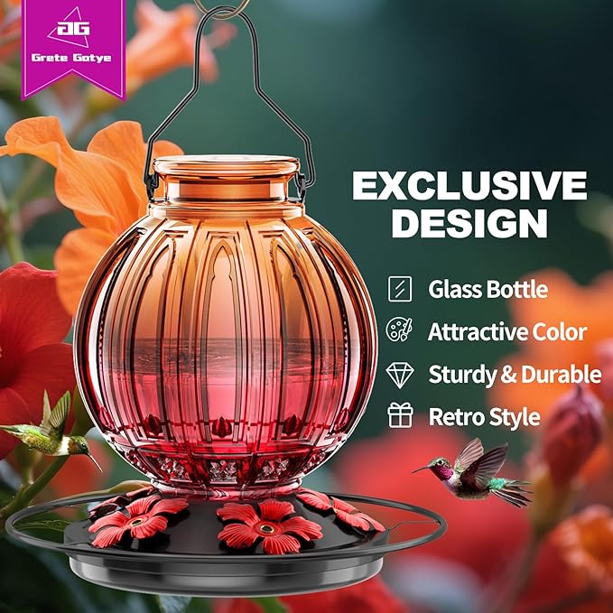 Glass Hummingbird Feeder for Outdoors Hanging, 26Oz Bird Nectar Feeder with Perch & 5 Flower Feeding Ports, Leak Proof for Outside Garden Decor Backyard, Gifts for Women Mom, Clear & Red