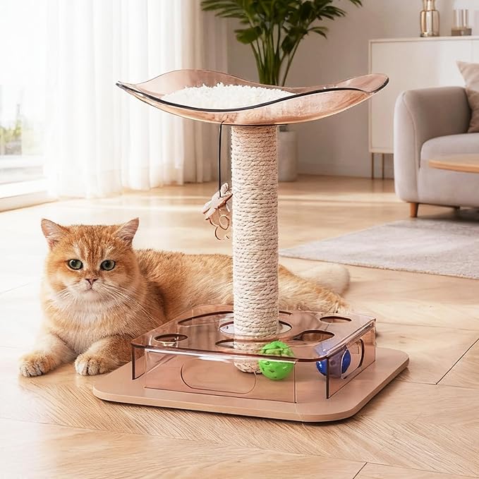 Modern 3-in-1 Interactive Cat Toy with Puzzle Box, Cat Bed/Perch & Scratching Posts, Colorful Jingle Balls, Dangling Accent, Puzzle Toys for Indoor Cats, Acrylic, Pink
