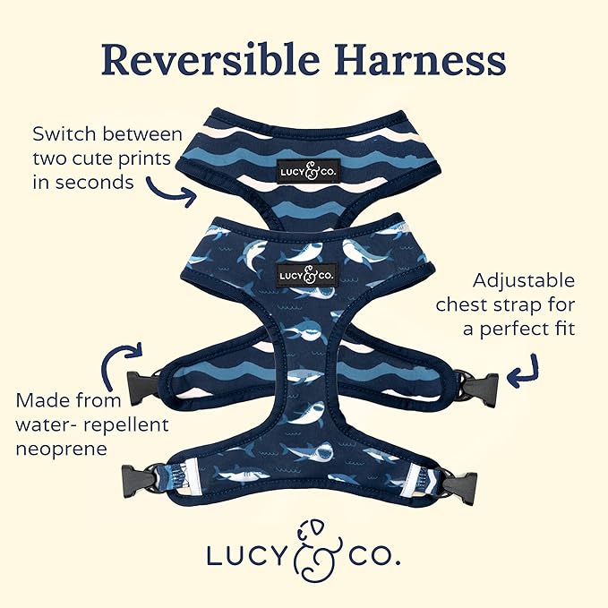 Reversible Dog Harness Walking Halter - Best Designer Pet Harnesses for Extra Small Medium Large XL Dogs Plus Pug Breeds - Padded Adjustable Puppy Vest for Easy Walking (X-Large, Shark Attack)