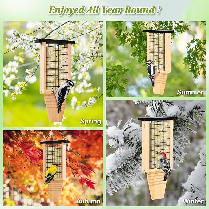 Wooden Suet Bird Feeder for Outside Hanging, Large Woodpecker Suet Feeder with Tail Prop, Double Suet Cakes Hanging Bird Feeder for Wild Birds, 1 Pack, Black